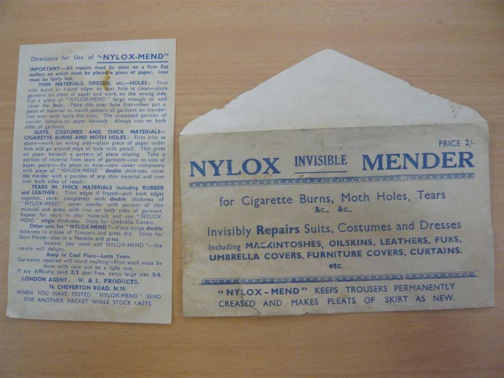 Nylox Invisible Mender instruction sheet and envelope