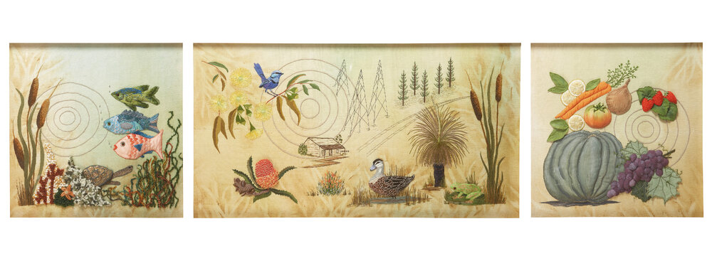 Stitches in Time Fibre Triptych by Dianella Embroiderers Guild