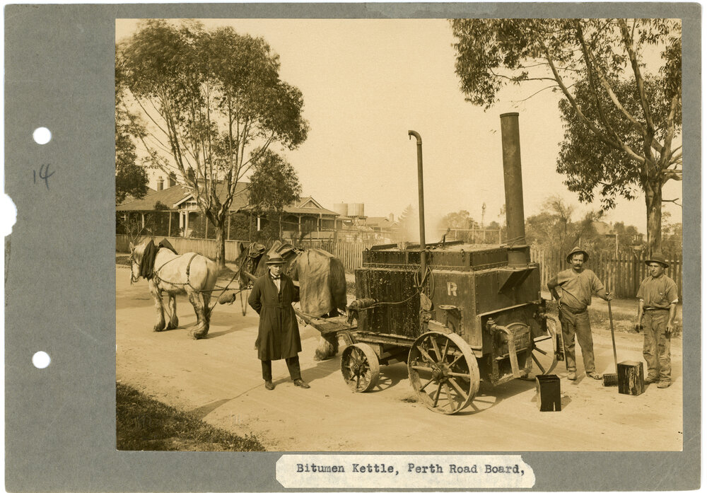 Perth Road Board staff working with a bitumen kettle 