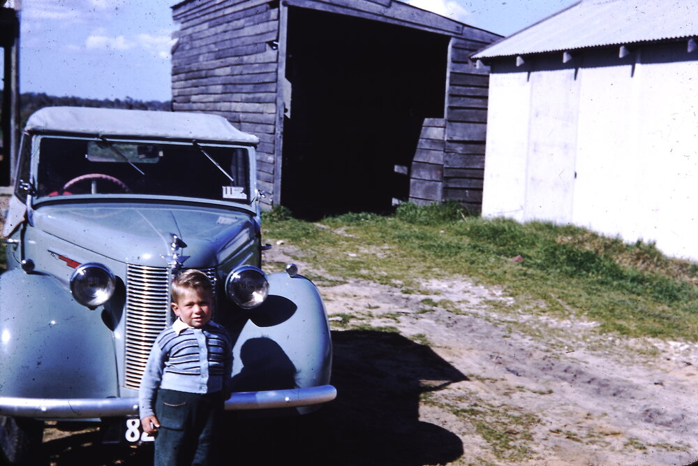 Child standing next to a car on the Stergiou family's market garden in Gwelup