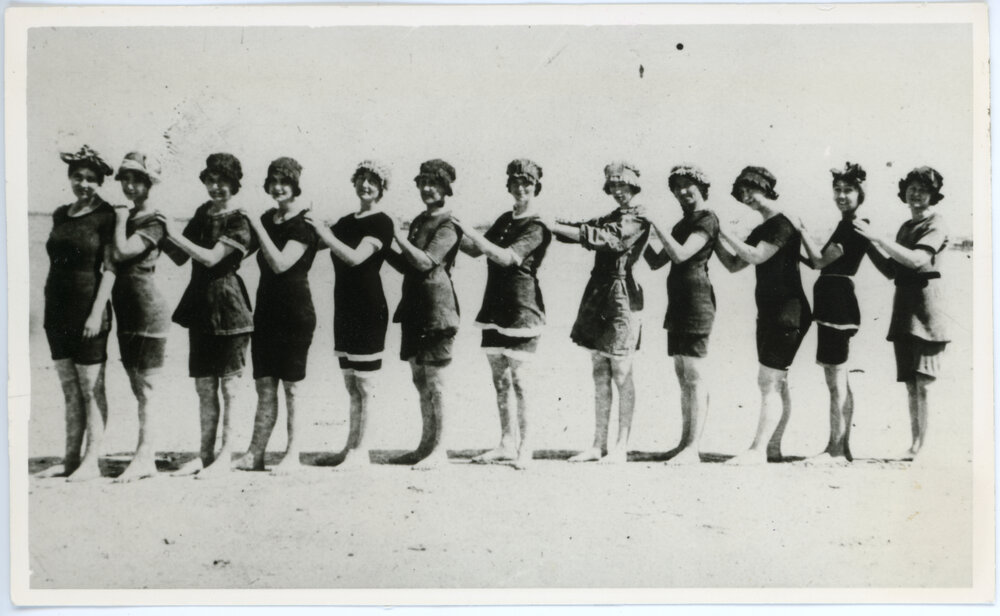 Bathers pose at Scarborough Beach in the 1930s