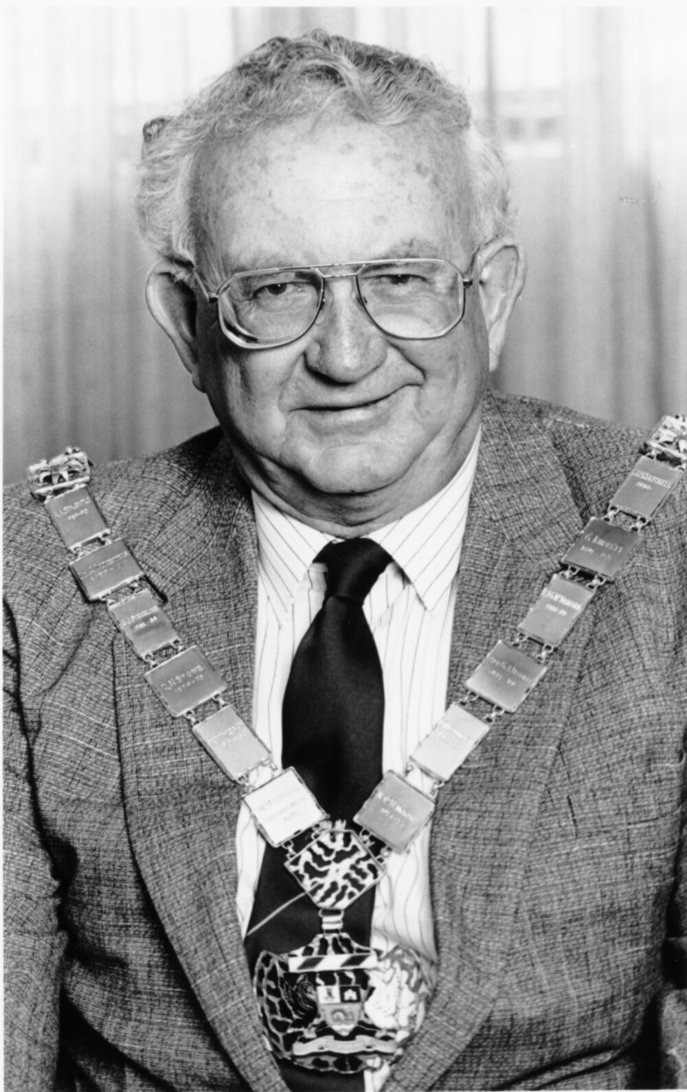 Black and white photograph of Jim Satchell with Mayoral chain