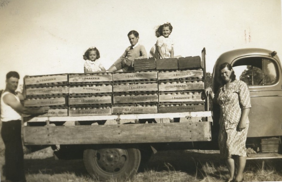 Bojanich family by truck with produce in crates
