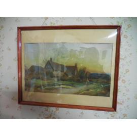 Pastoral painting of an English village cottage in a countryside scene