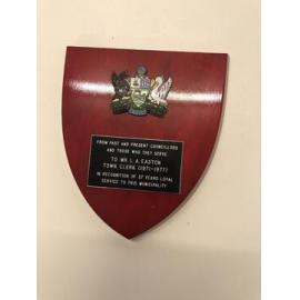 Wooden plaque with City of Stirling Crest presented to Len Easton