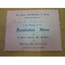 Invitation to ceremony to lay the foundation stone St Peter's Church in Mt Hawthorn