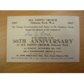 Invitation to celebration for fiftieth anniversary of All Saints Church, Osborne Park