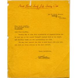 Letter from North Beach Surf Life Saving Club to Carole Draffen