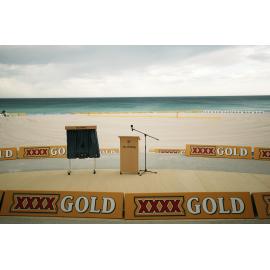 View of podium at Scarborough Amphitheatre with beach behind