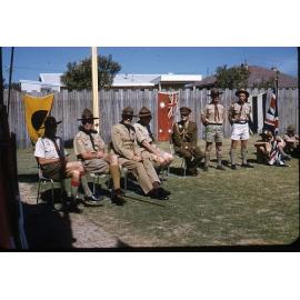 Sir Charles Gardiner sitting with guests at the opening of Weeloc Hall in Yokine 1957