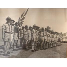 Scout troops lined up to meet Sir Charles Gardiner at opening of Weeloc Hall Yokine 1957