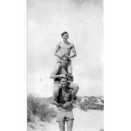 Three men at Scarborough Beach c1940