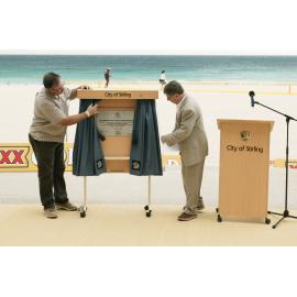 Scarborough Amphitheatre plaque being unveiled at Scarborough Amphitheatre during the beach cricket event in 2007