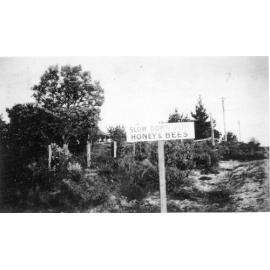 Road sign "Slow down for honey bees" out front of H W Lance's house