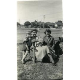 Rae Kolb with her son and grandmother in the front garden of the Green Street family home c1950
