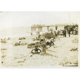 People on the sand at North Beach with the jetty in the background