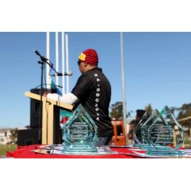 NAIDOC 2014 - Len Yarren speaking on stage