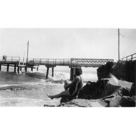 Margaret Kneebone's mother on rock beside the North Beach Jetty