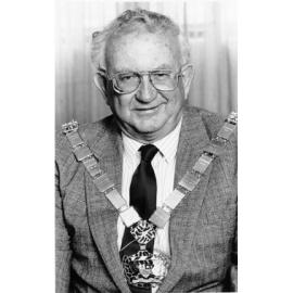 Black and white photograph of Jim Satchell with Mayoral chain