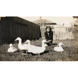 Jean Neal in the backyard with the ducks at 64 John Street Inglewood 