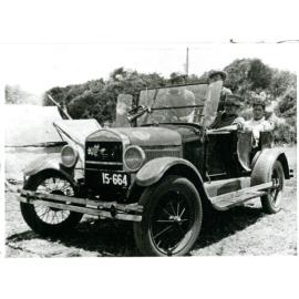 Ben and Ron Burke with Bill and Cyril Foster in their 1927 T Model Ford while camping at Scarborough 