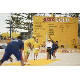 Beach cricket competition at Scarborough Beach in 2007 with scoreboard in background