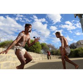 Two Balga High School Aboriginal dancers perform at the Dreamtime event, 2018