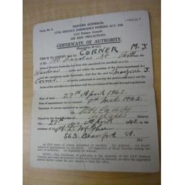 Marjorie Corner's Civil Defence Council World War Two air raid precautions certificate of authority