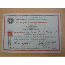 St John Ambulance First Aid certificate - Eric Newland 1943