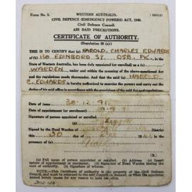 Harold Charles Edwards' Civil Defence Council World War Two air raid precautions certificate of authority