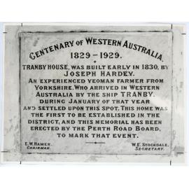 Tranby House Centenary of Western Australia plaque