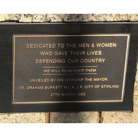 City of Stirling War Memorial plaque dedicated to the men and women who gave their lives defending our country