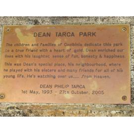 Dean Tarca Park memorial plaque