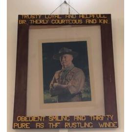 Framed image of Baden Powell on the wall of Weeloc House Scout Hall